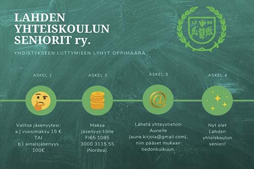 Lahden yhteiskoulun seniorit ry. Yhsitykseen liittymisen lyhyt oppimäärä. Askel 1. Valitse jäsenyytesi. Vaihtoehto a) vuosimaksu 15 € tai vaihtoehto b ) ainaisjäsenyys 100 €. Askel 2. Maksa jäsenyys tilille FI65 1085 3000 3115 55. Askel 3. Lähetä yhteystietosi Aunelle (aune.kirjola(at)gmail.com), niin pääse mukaan tiedonkulkuun. Askel 4. Nyt olet Lahden yhteiskoulun seniori!