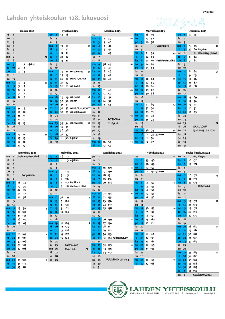 Lahden yhteiskoulun lukuvuoden 2023–2024 työ- ja loma-ajat kalenterimuodossa.