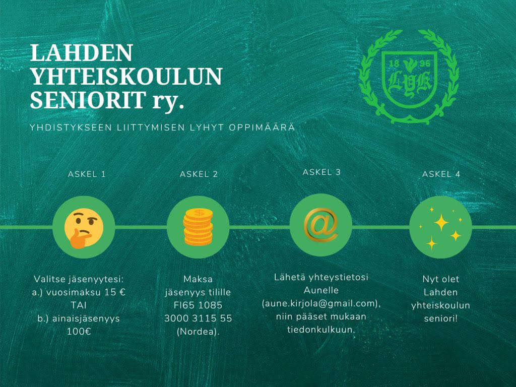 Lahden yhteiskoulun seniorit ry. Yhdistykseen liittymisen lyhyt oppimäärä. Askel 1. Valitse jäsenyytesi. Vaihtoehto a) vuosimaksu 15 € tai vaihtoehto b ) ainaisjäsenyys 100 €. Askel 2. Maksa jäsenyys tilille FI65 1085 3000 3115 55. Askel 3. Lähetä yhteystietosi Aunelle (aune.kirjola(at)gmail.com), niin pääse mukaan tiedonkulkuun. Askel 4. Nyt olet Lahden yhteiskoulun seniori!