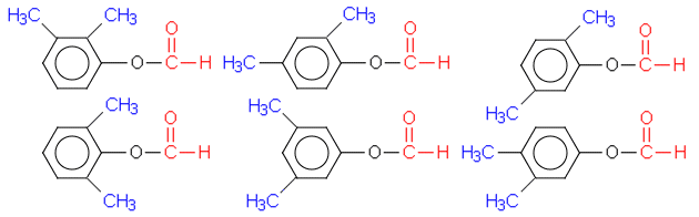 dimetyylifenolien ja muurahaishapon esterien rakennekaavat